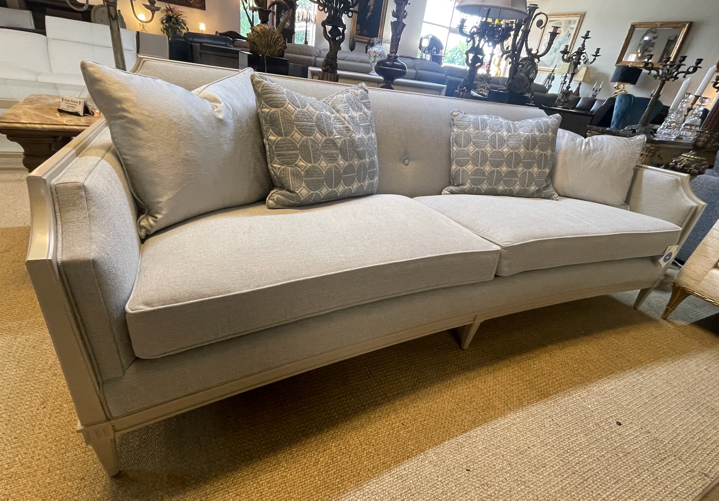 Italian-Inspired Gray Textured Sofa with Matte Pearl Wood Frame – Elegant Showroom Sample