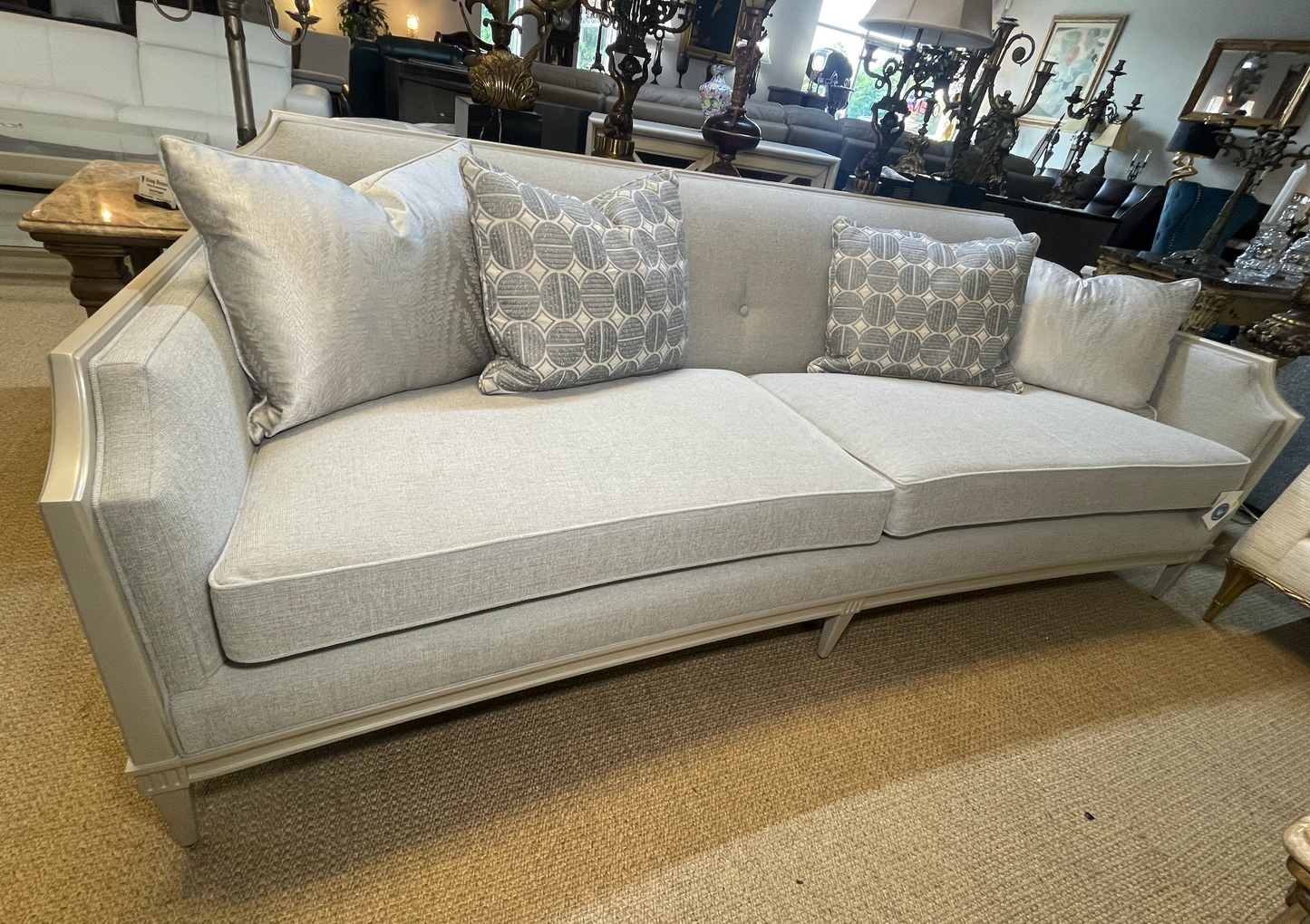 Italian-Inspired Gray Textured Sofa with Matte Pearl Wood Frame – Elegant Showroom Sample