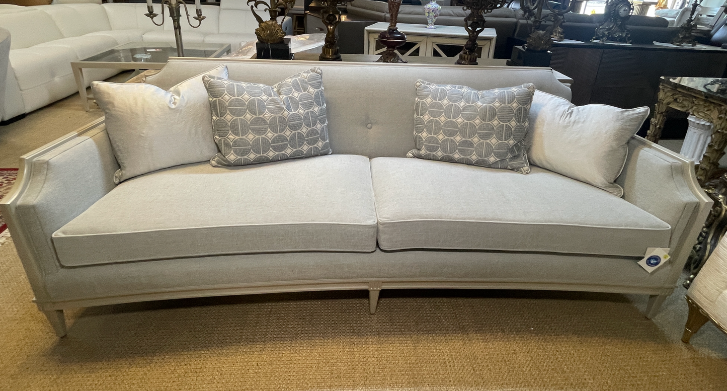 Italian-Inspired Gray Textured Sofa with Matte Pearl Wood Frame – Elegant Showroom Sample