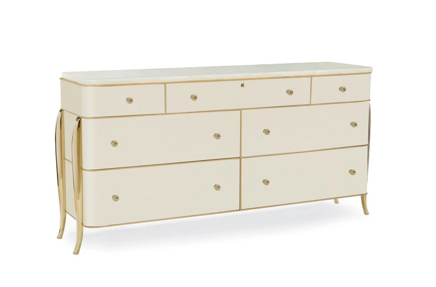 French Deco-Inspired Dresser with Gold Accents and Crème Stone Top – Showroom Sample