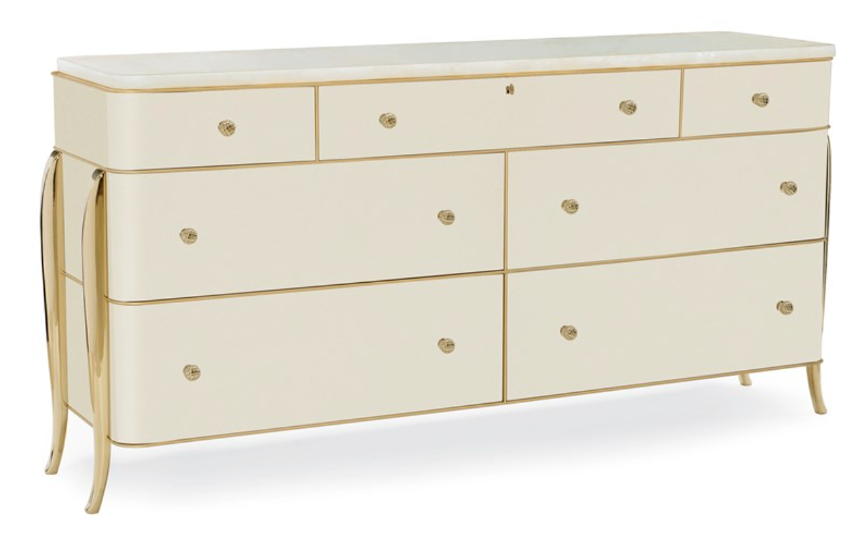 French Deco-Inspired Dresser with Gold Accents and Crème Stone Top – Showroom Sample