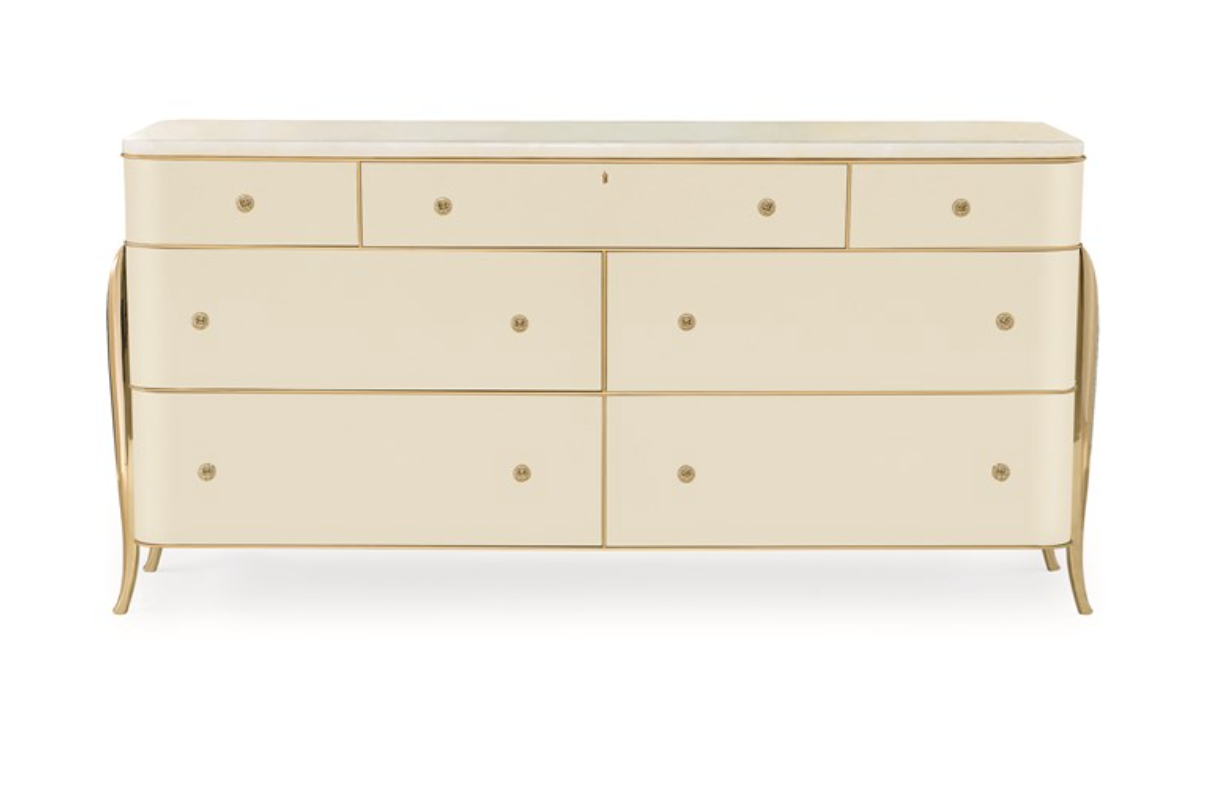 French Deco-Inspired Dresser with Gold Accents and Crème Stone Top – Showroom Sample