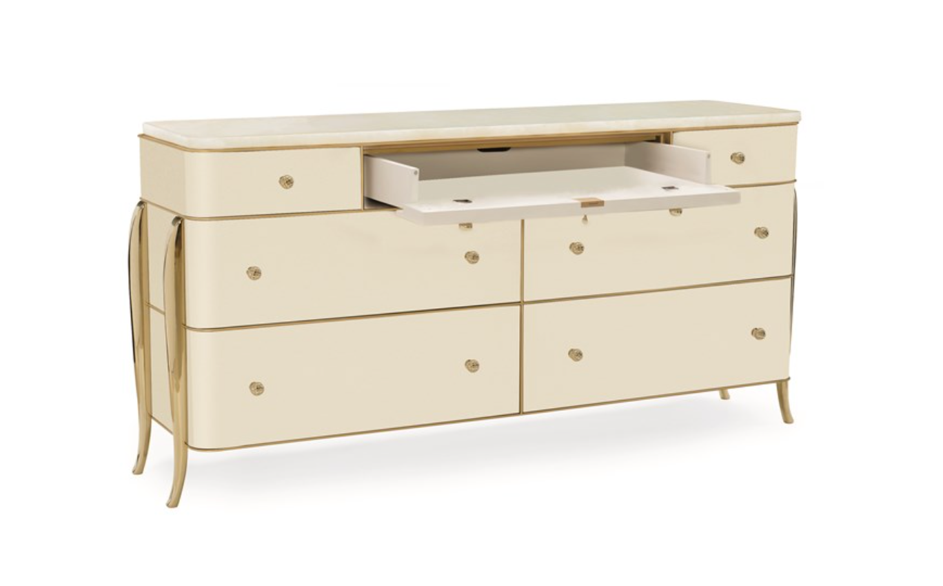 French Deco-Inspired Dresser with Gold Accents and Crème Stone Top – Showroom Sample