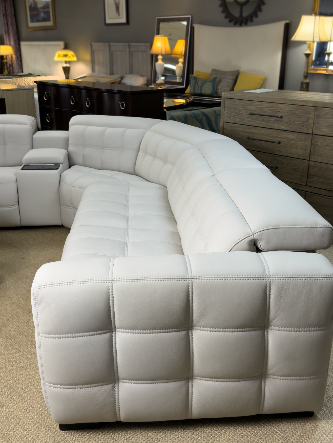 White Leather Modular Sectional, Showroom Sample with Storage, Cupholders & Wireless Charging
