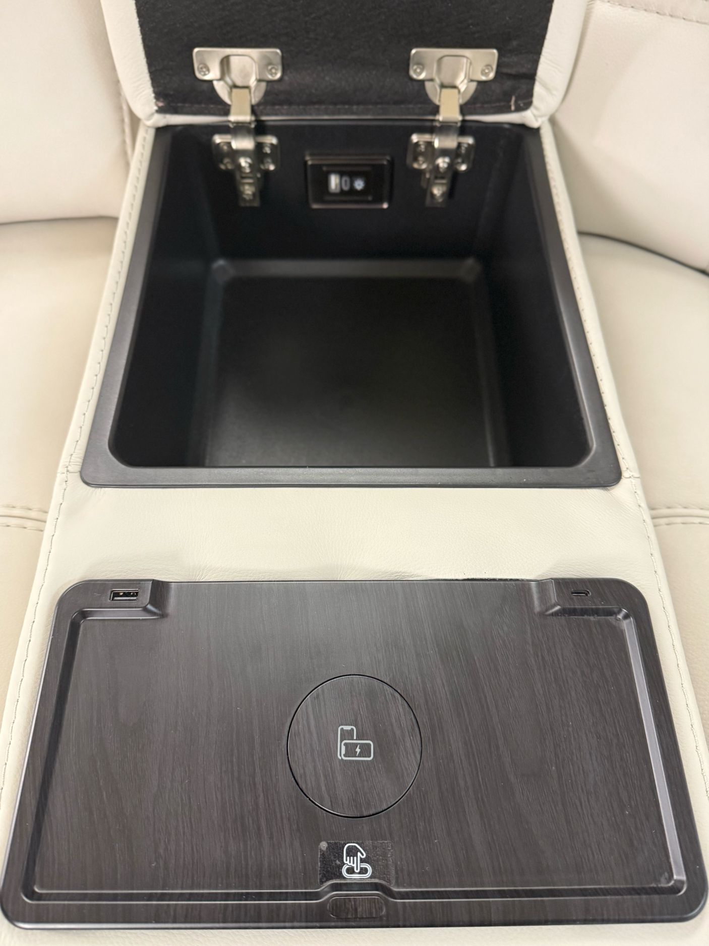 White Leather Modular Sectional, Showroom Sample with Storage, Cupholders & Wireless Charging