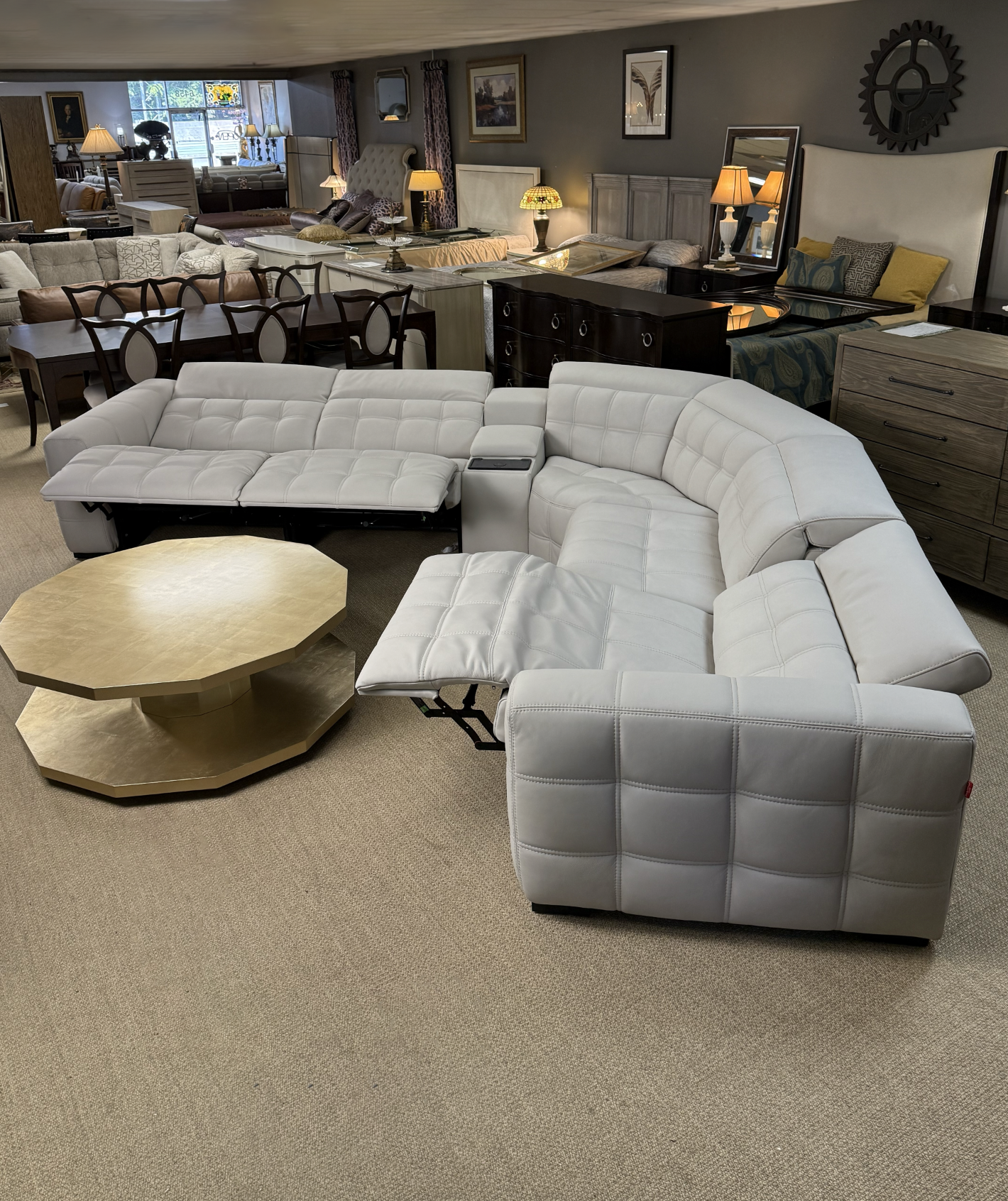 White Leather Modular Sectional, Showroom Sample with Storage, Cupholders & Wireless Charging