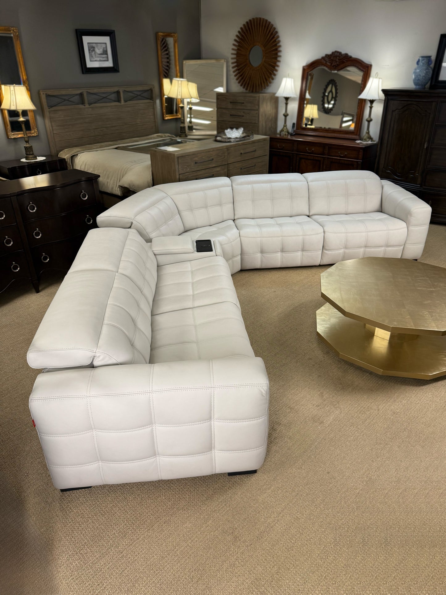 White Leather Modular Sectional, Showroom Sample with Storage, Cupholders & Wireless Charging